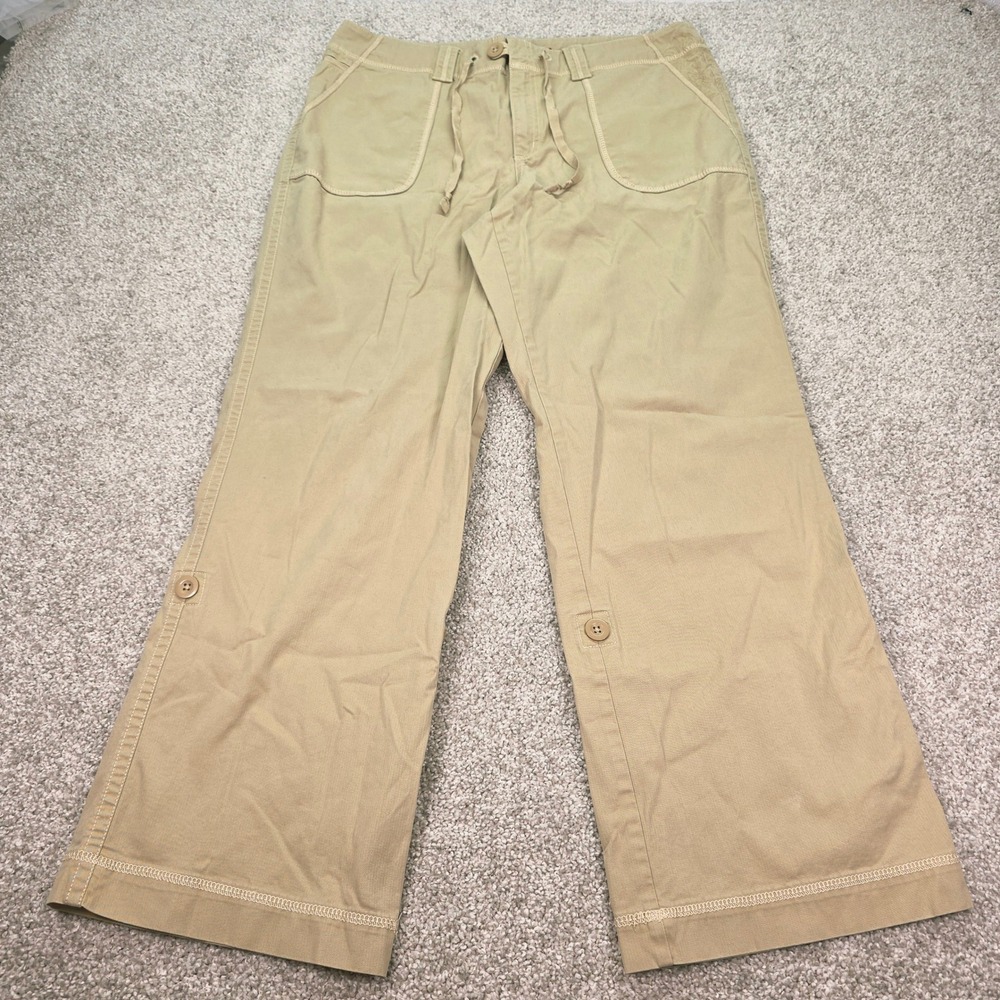 Eddie Bauer Khaki Roll Tab Convertible Wide Leg Pants Tan Embroidered Women 14